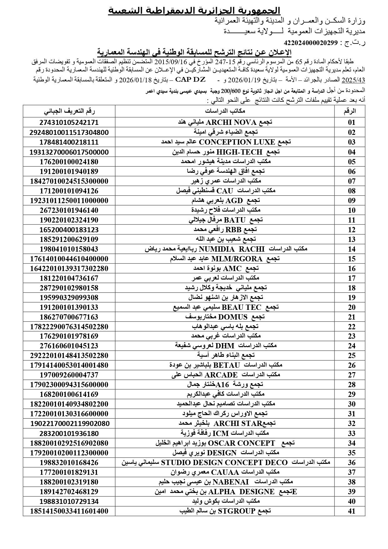 الاعلان عن نتائج الترشح للمسابقة الوطنية في الهندسة المعمارية 