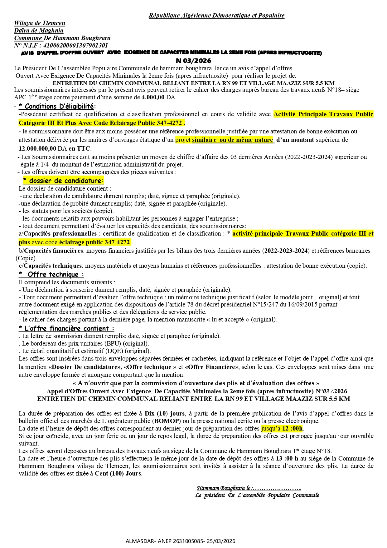 AVIS D'APPEL D'OFFRES OUVERT AVEC EXIGENCE DE CAPACITE MINIMALES LA 2eme fois n 03/2026