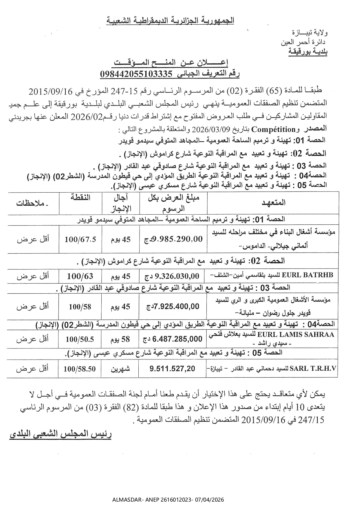 اعلان عن المنح المؤقت*/*-