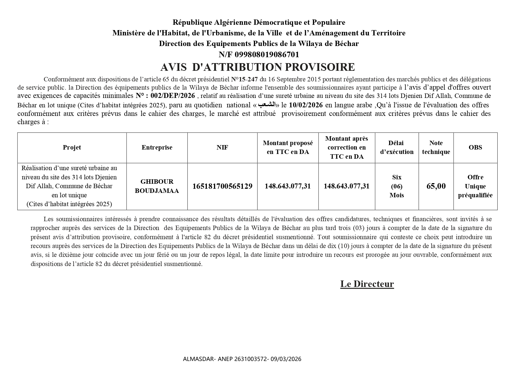 AVIS  D'ATTRIBUTION PROVISOIRE  