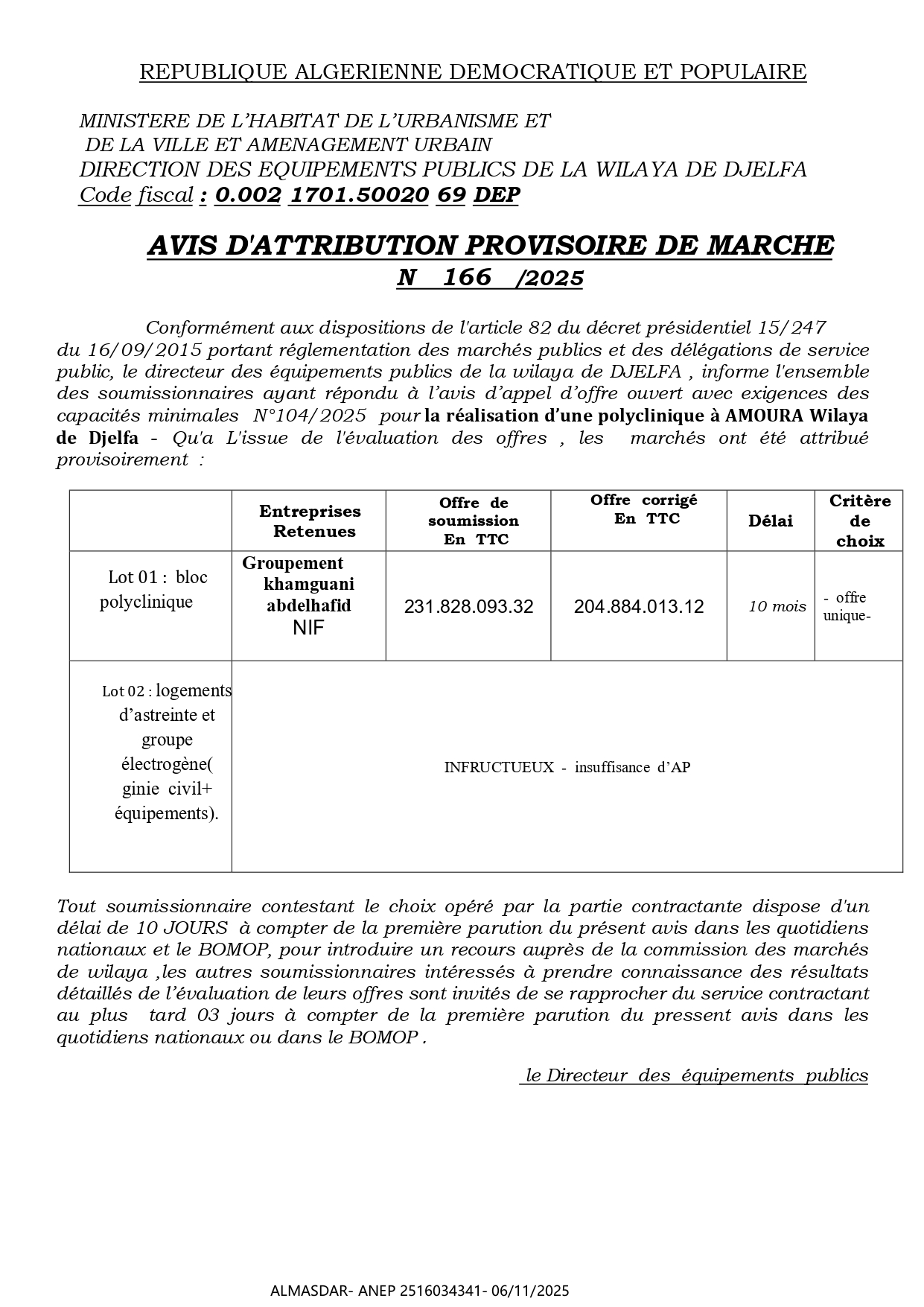AVIS D'ATTRIBUTION PROVISOIRE DE MARCHE  N   166   /2025 