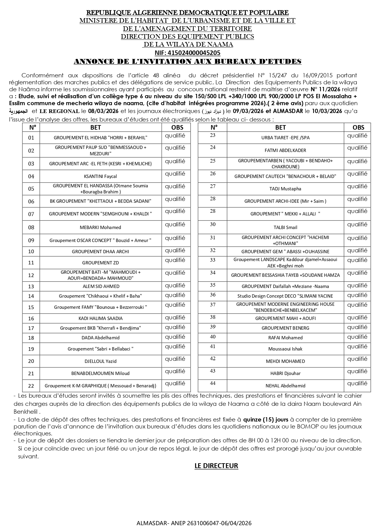 ANNONCE DE L’INVITATION AUX BUREAUX D’ETUDES