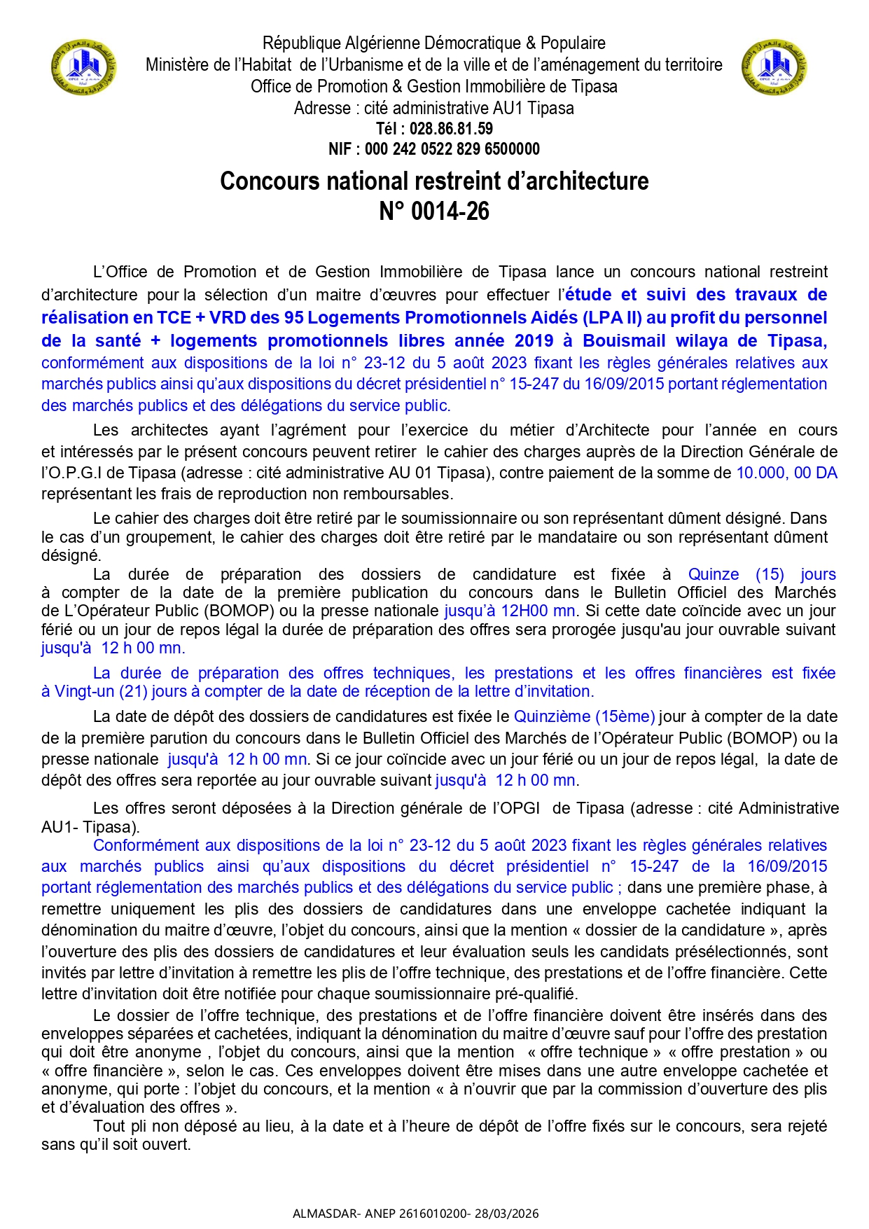 Concours national restreint d’architecture   N° 0014-26