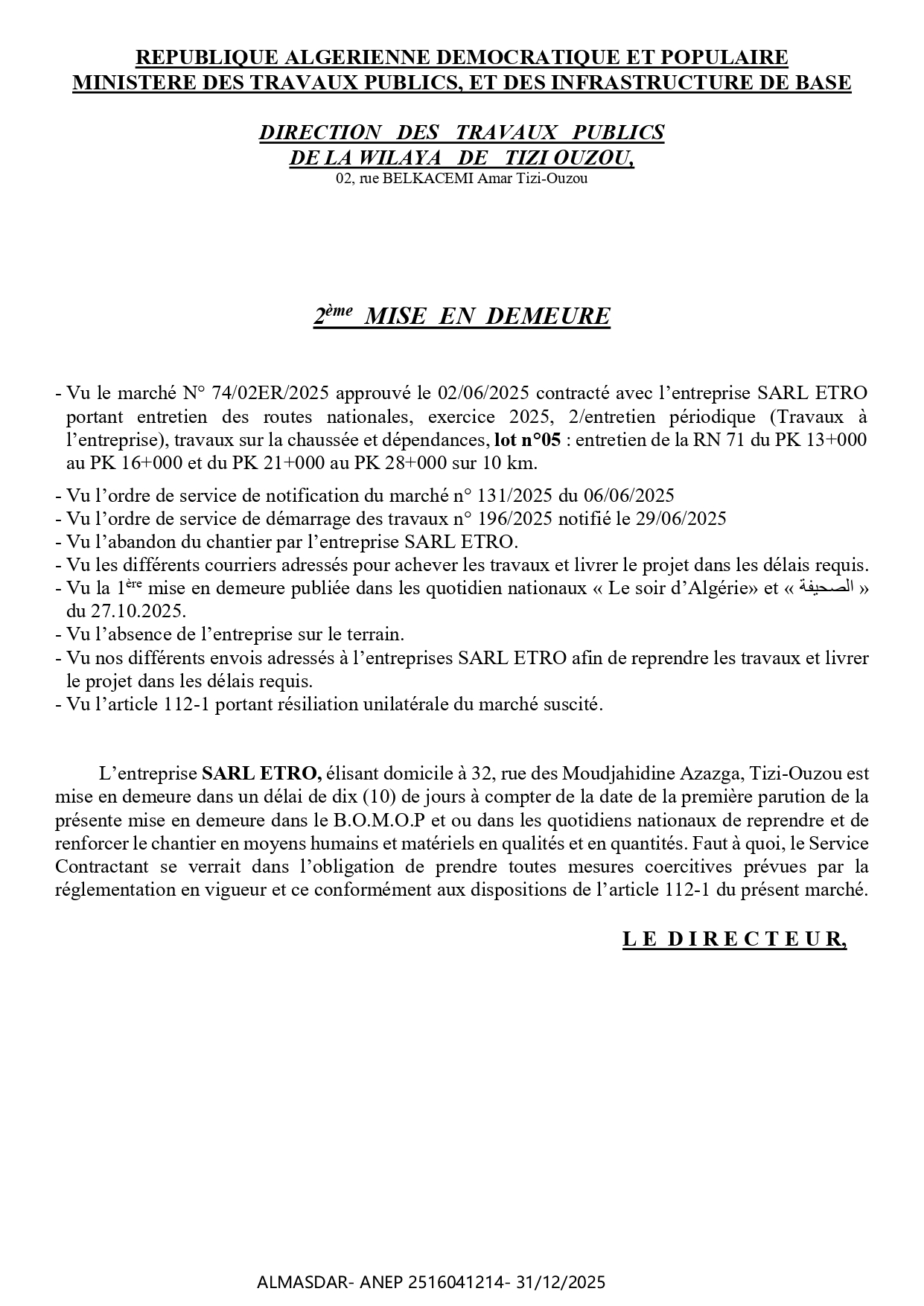 2ème  MISE  EN  DEMEURE