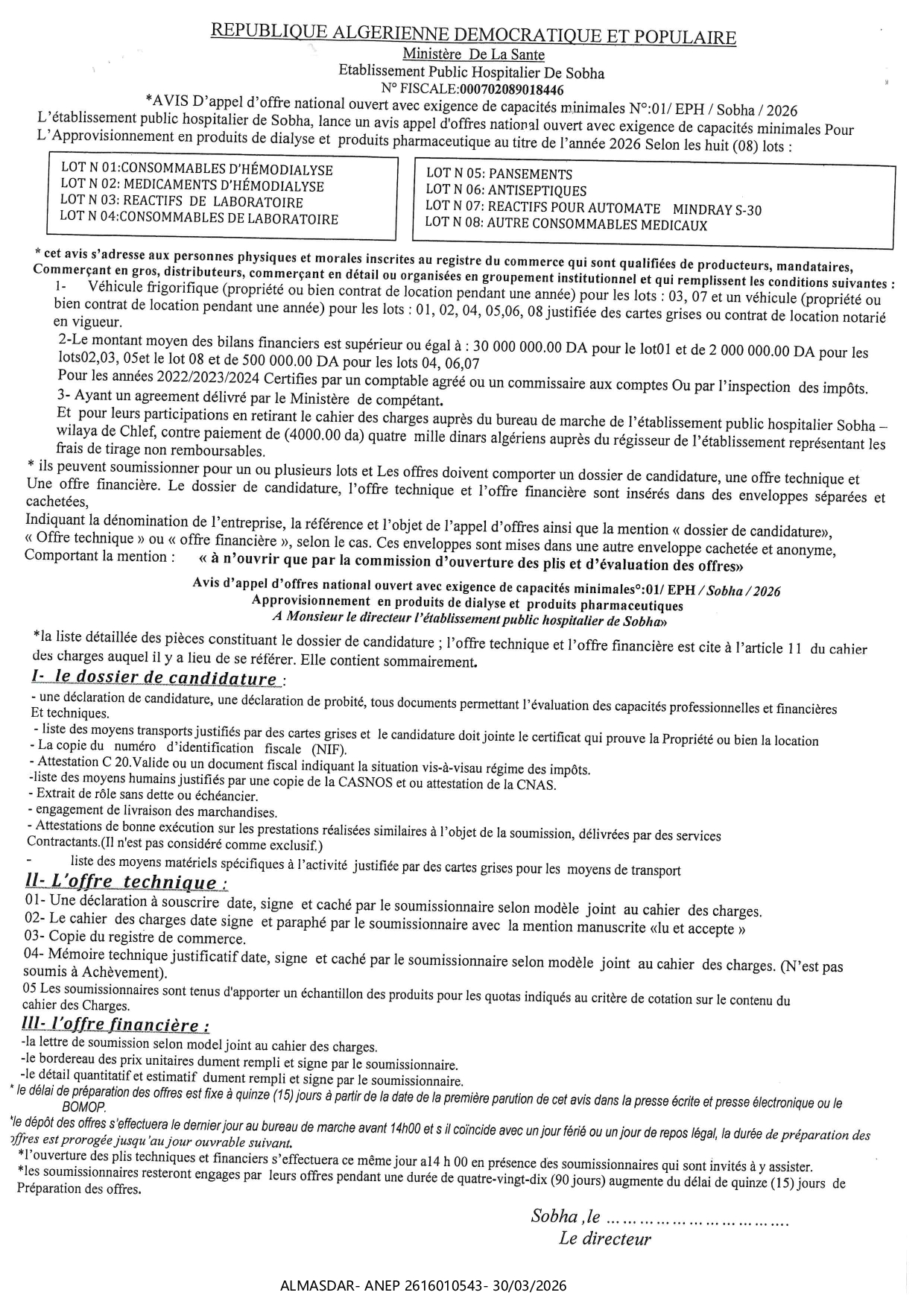 */avis d'appel d'offre national ouvert avec exigence de capacites minimales n 01/2026