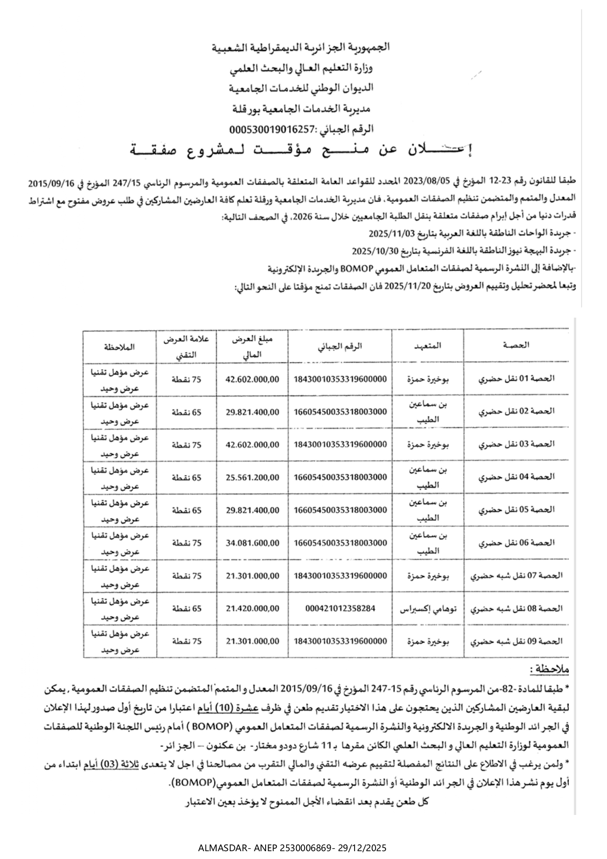 إعلان عن منح مؤقت لمشروع صفقة