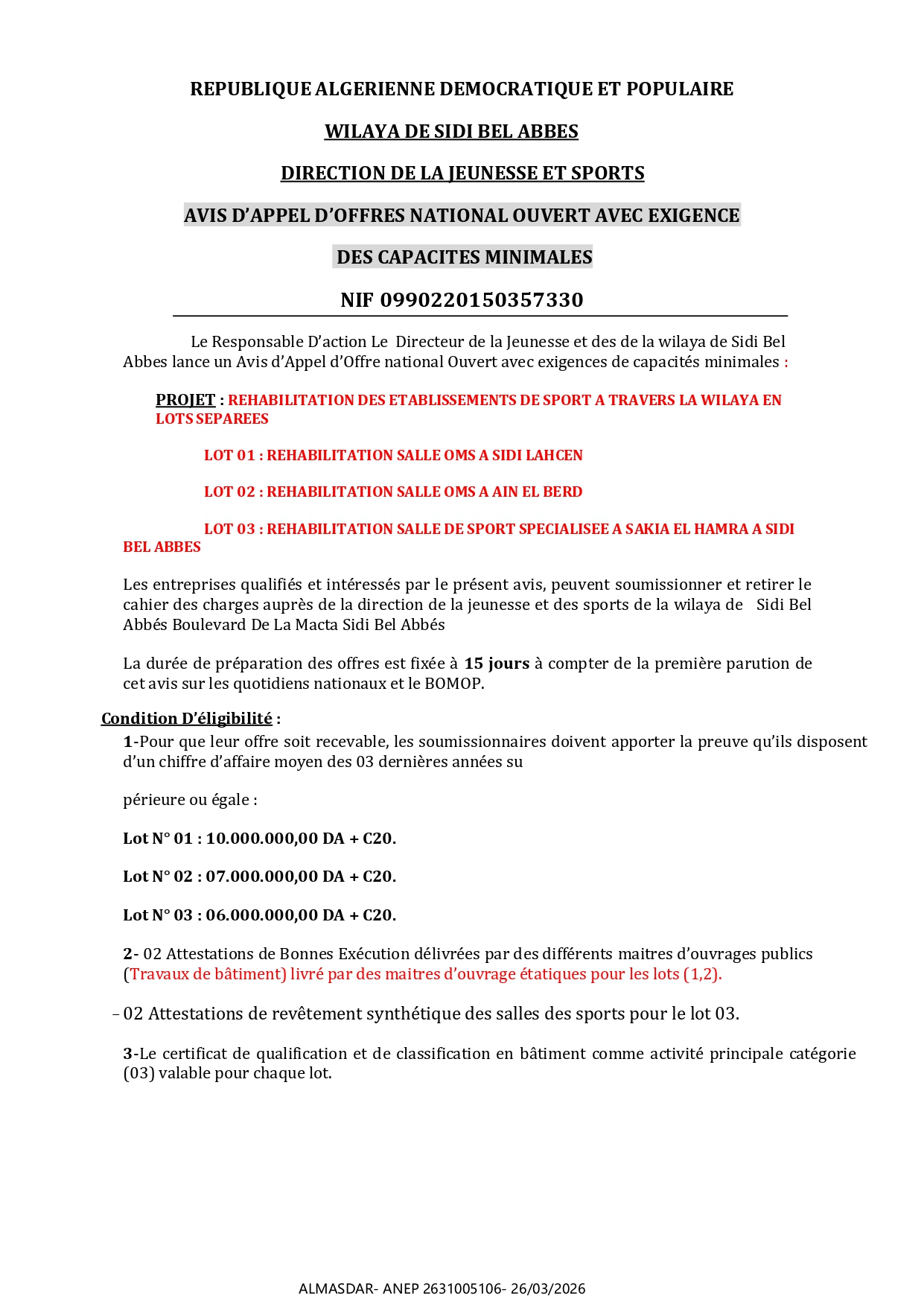 AVIS D’APPEL D’OFFRES NATIONAL OUVERT AVEC EXIGENCE   DES CAPACITES MINIMALES*/*/