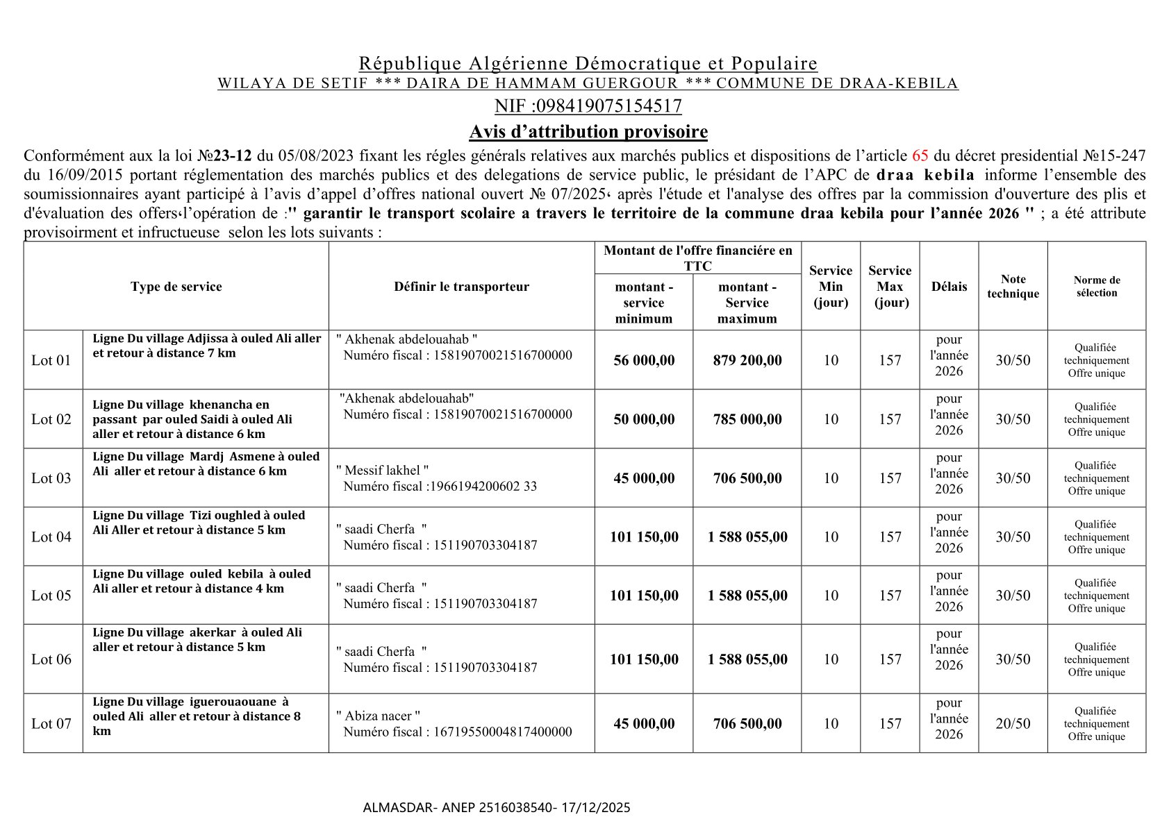 avis d'attribution provisoire *