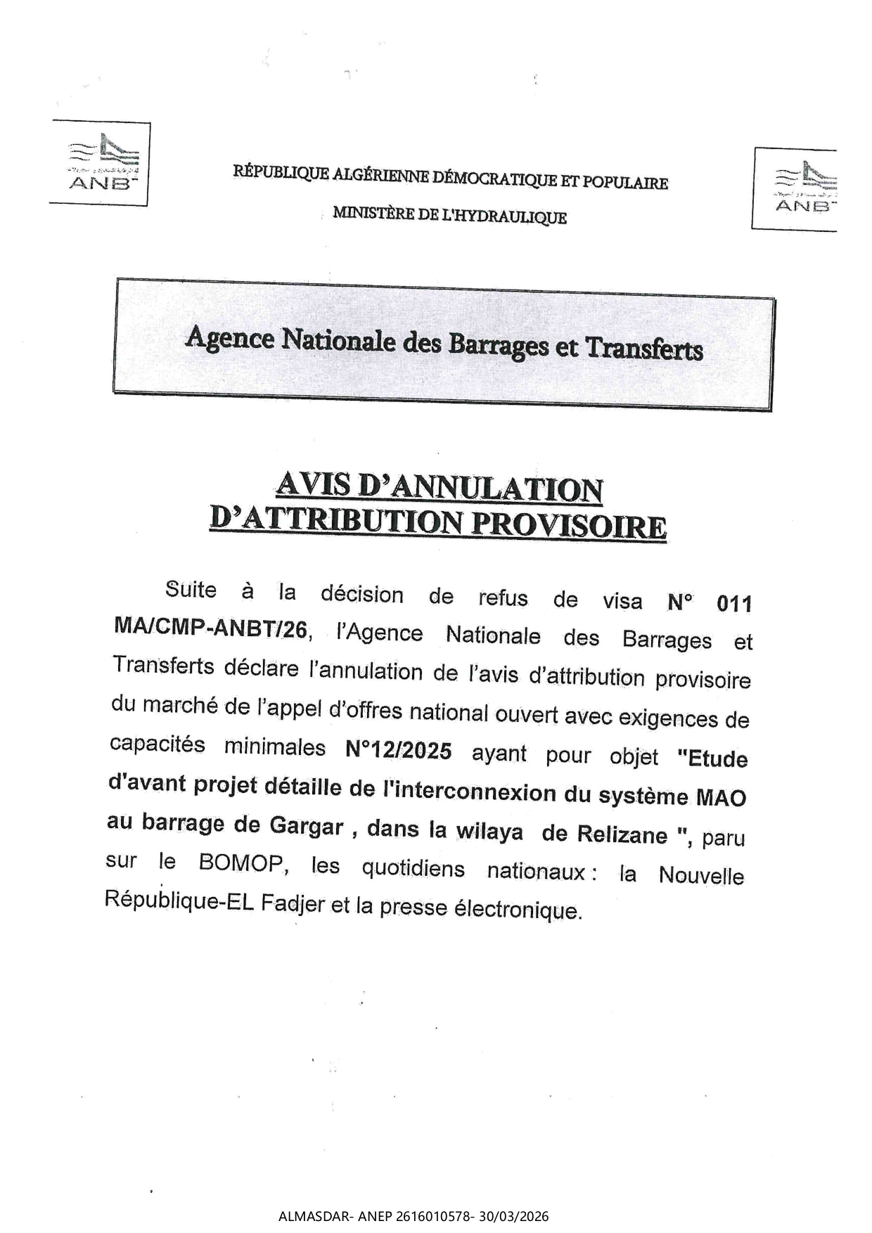 avis d'annulation d'attribution provisoire*/