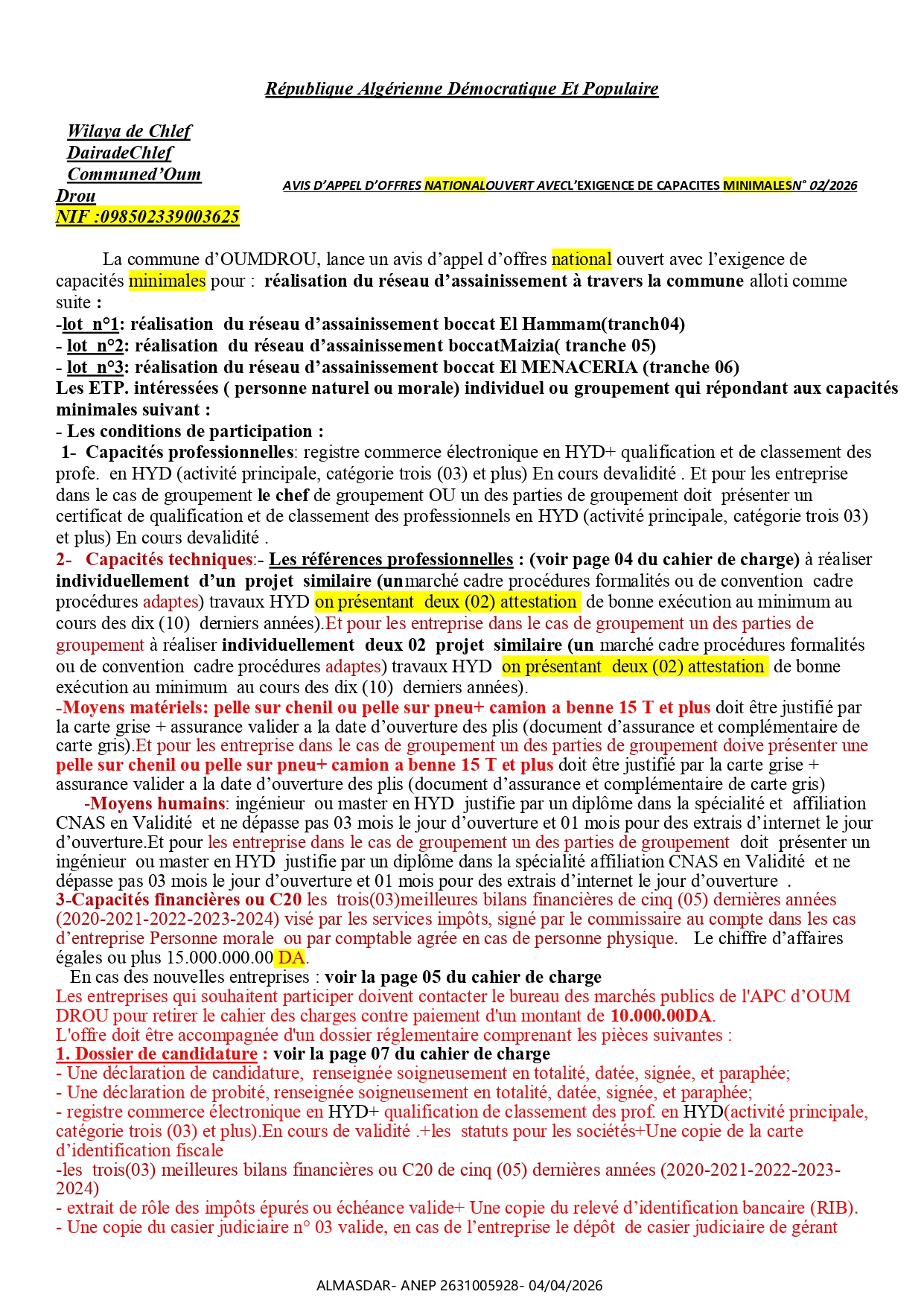 AVIS D’APPEL D’OFFRES NATIONALOUVERT AVECL’EXIGENCE DE CAPACITES MINIMALESN° 20/2026 