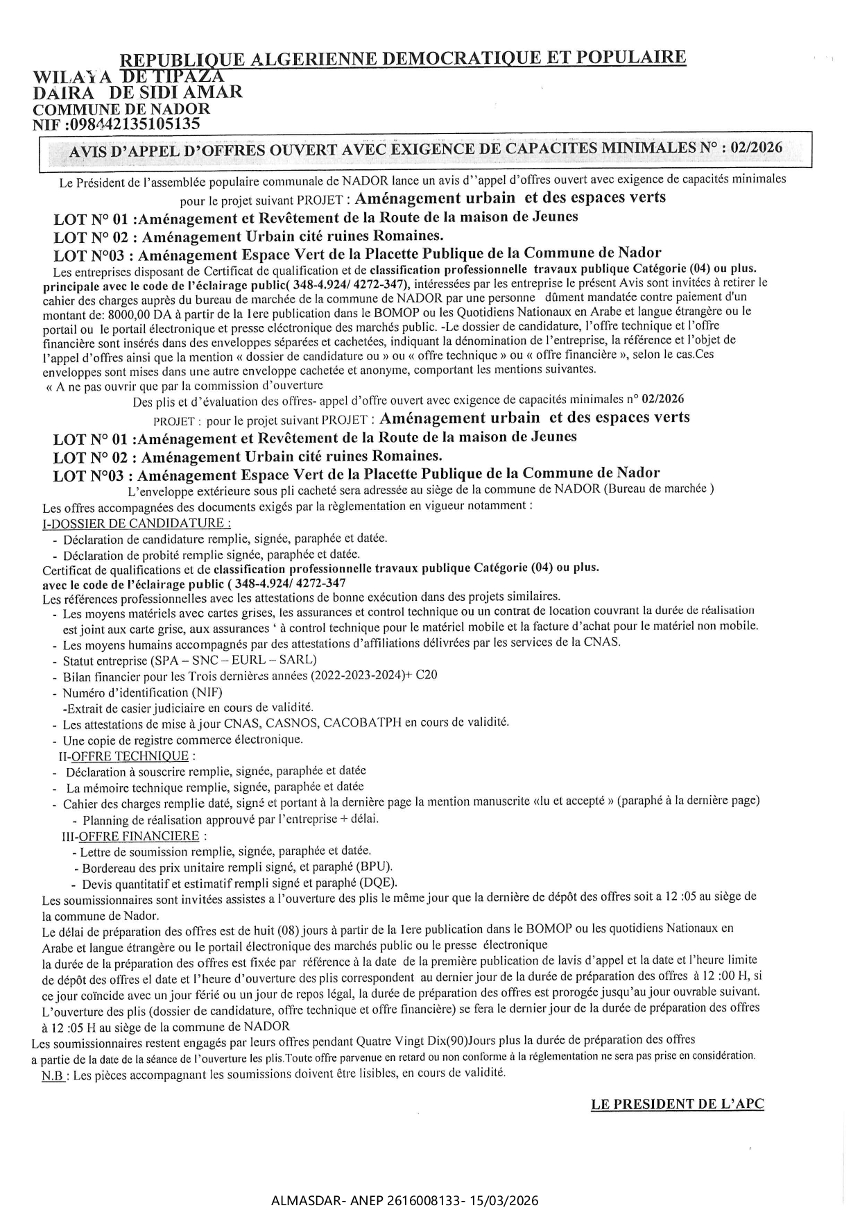 avis d'appel d'offres ouvert avec exigence de de capacites minimales n 02/2026