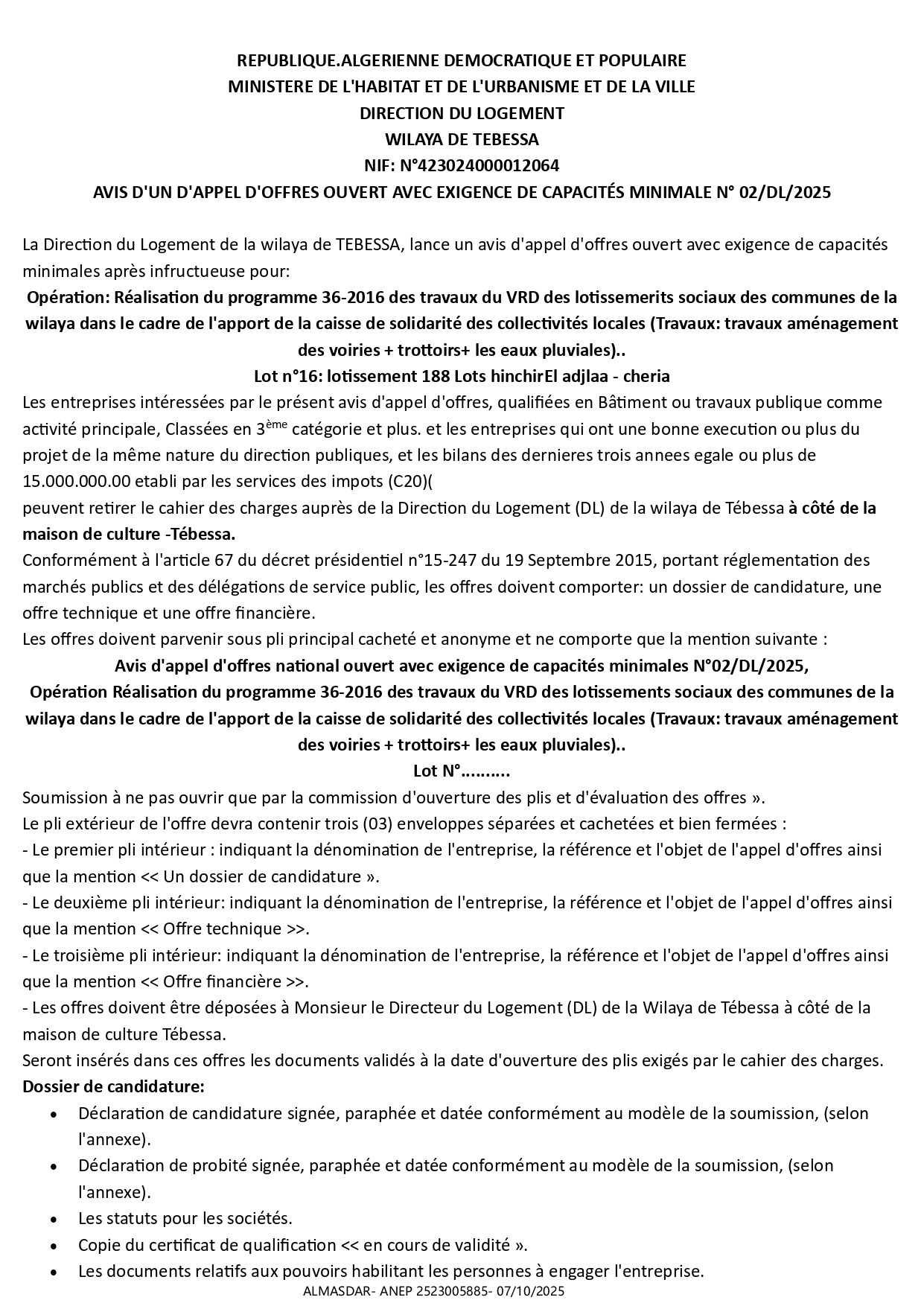 AVIS D'un d'appel d'offres ouvert avec exigence de capacités minimale n° 02/DL/2025