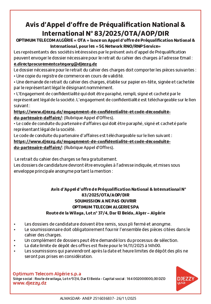 Avis d’Appel d’offre de Préqualification National 