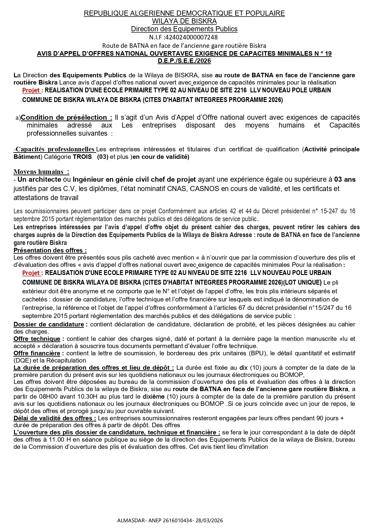 AVIS D’APPEL D’OFFRES NATIONAL OUVERTAVEC EXIGENCE DE CAPACITES MINIMALES N ° 19  D.E.P./S.E.E./2026 