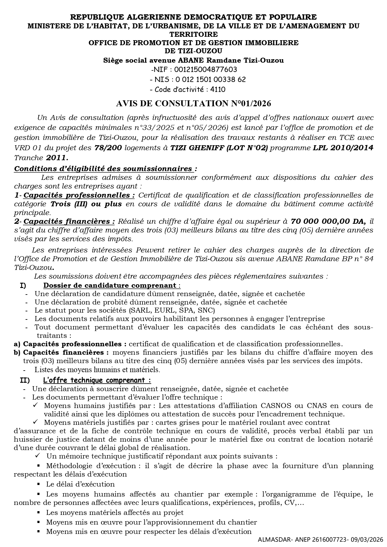 AVIS DE CONSULTATION N°01/2026 